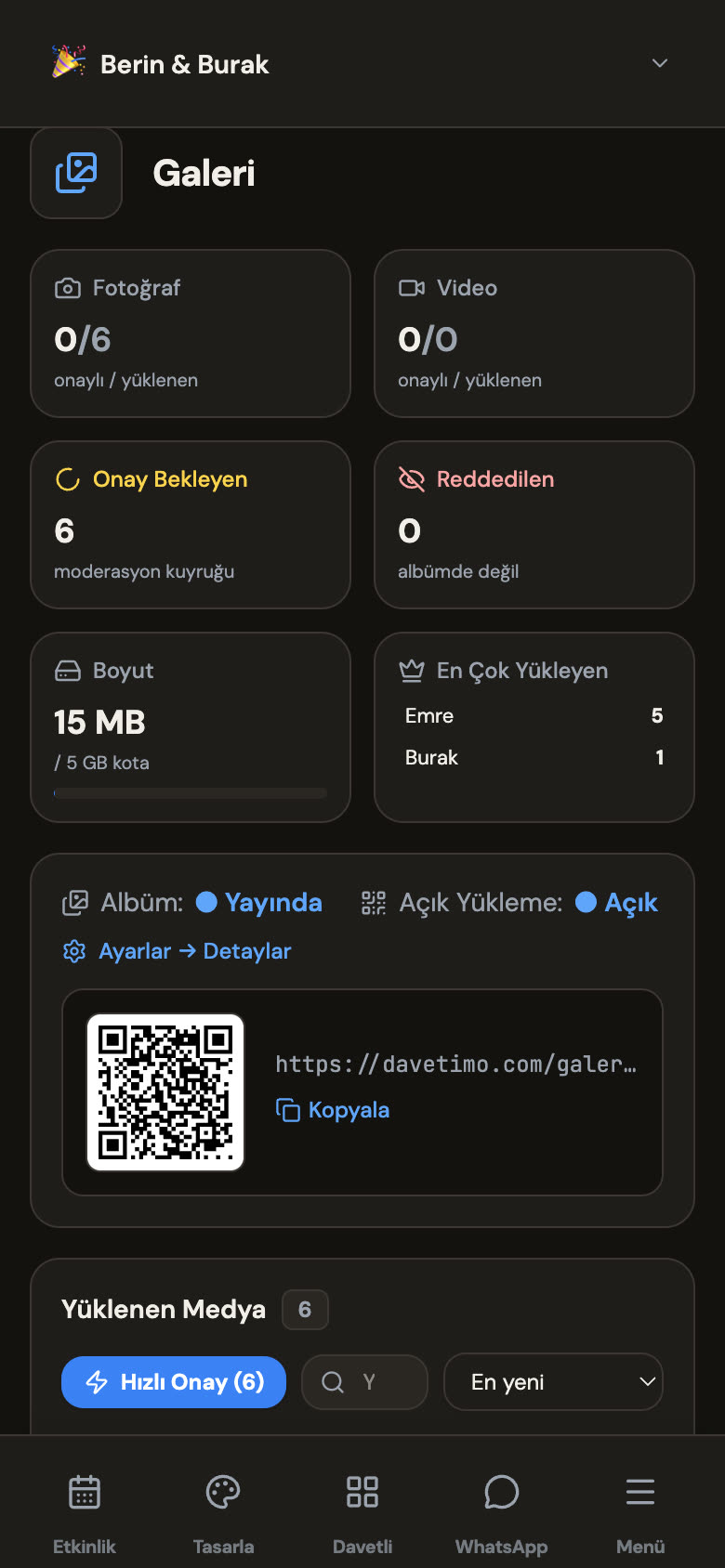 Etkinlik galerisi yönetimi — davetli yüklemeleri ve moderasyon